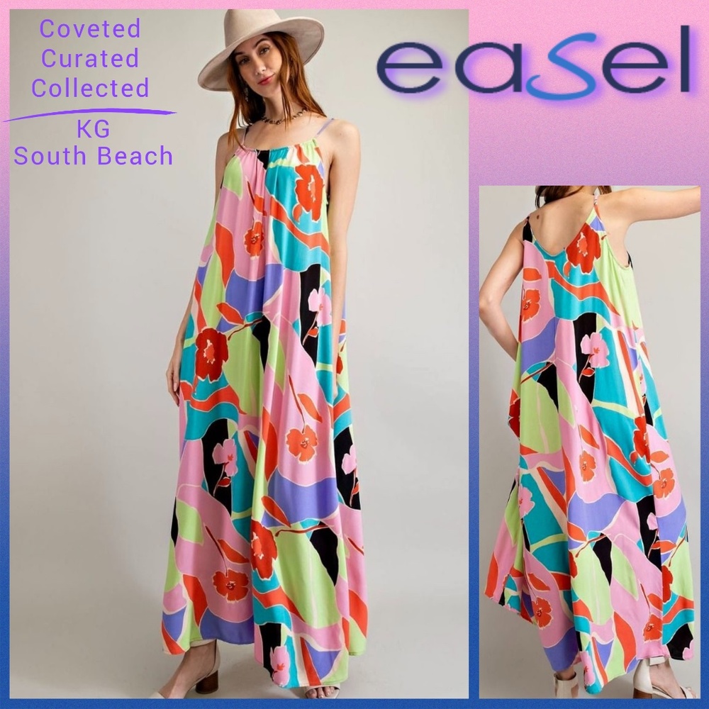 📌 EASEL Tropical Pucci-Like Floral Print Flowy Maxi Cami Dress Adjustable Straps